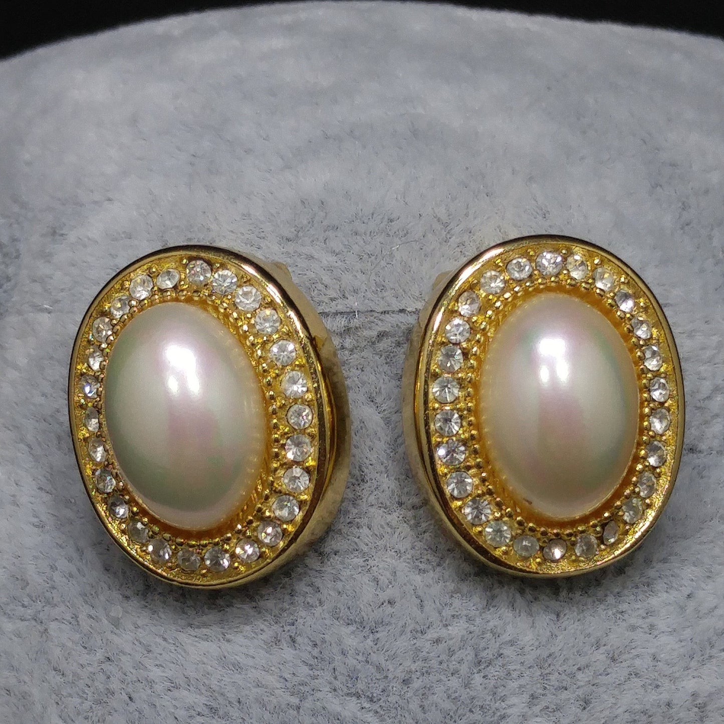 Christian Dior Faux Pearl Rhinestone Clip Earrings, Gold Plated, 1980s Vintage Jewelry