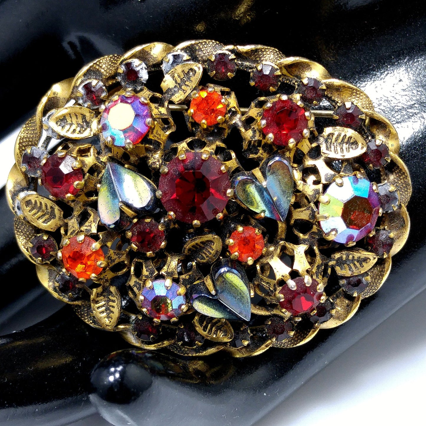 Austria Red Orange Rhinestone Gold Plated Brooch, Metallic Art Glass, 1950s Vintage Jewelry