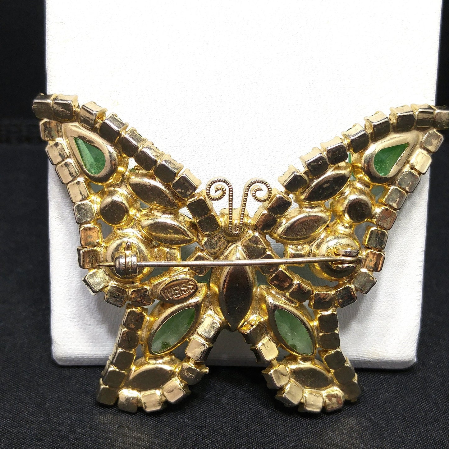 Vintage Weiss Peridot Green Rhinestone Butterfly Brooch, Uranium Glass, Gold Plated, 1950s
