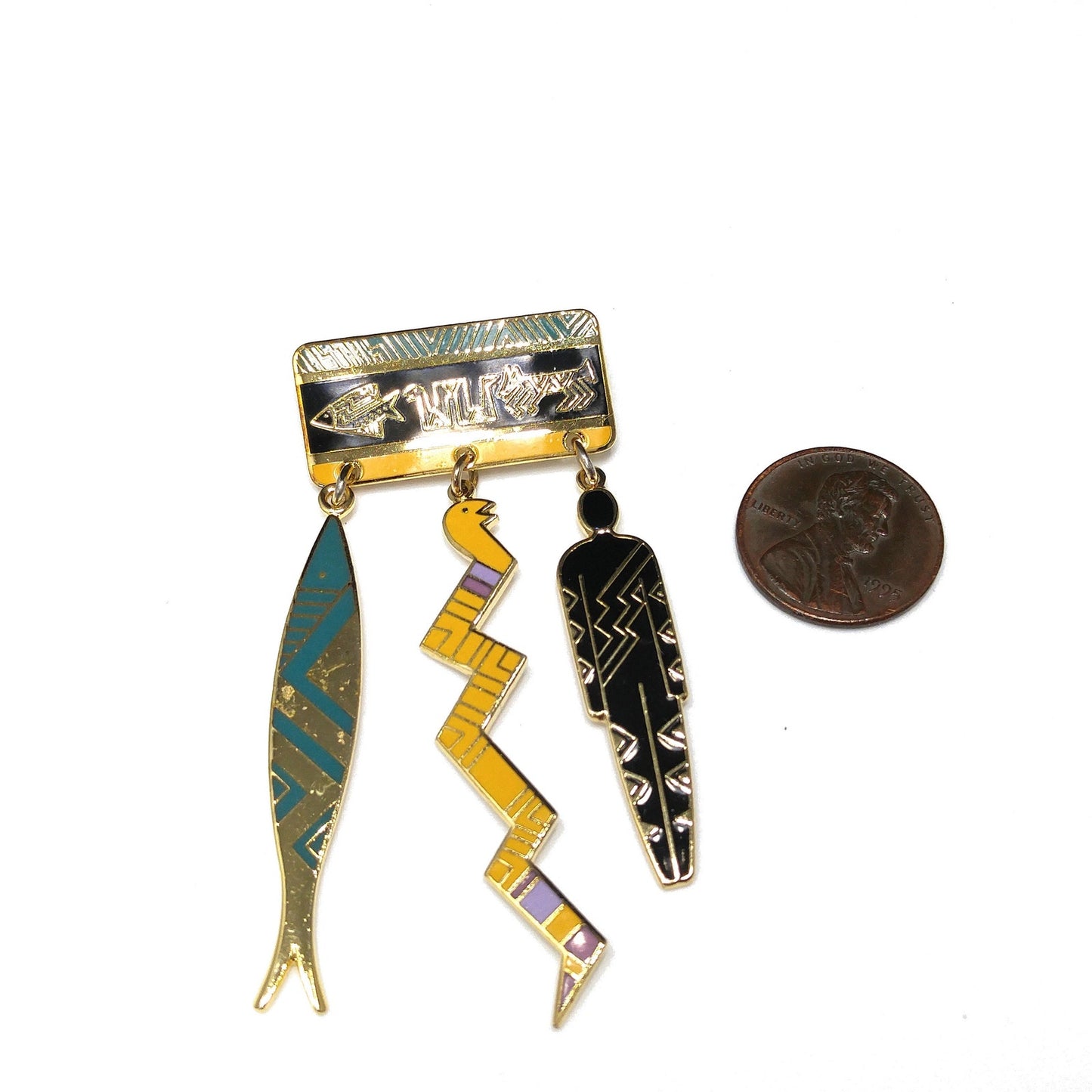 Laurel Burch "Artifacts" Brooch, Fish Snake Man, Gold Plated, 1980s Vintage