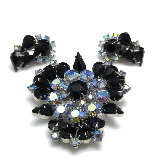 Black Aurora Borealis Brooch & Earrings, Rhodium Plated, 1960s Vintage Jewelry