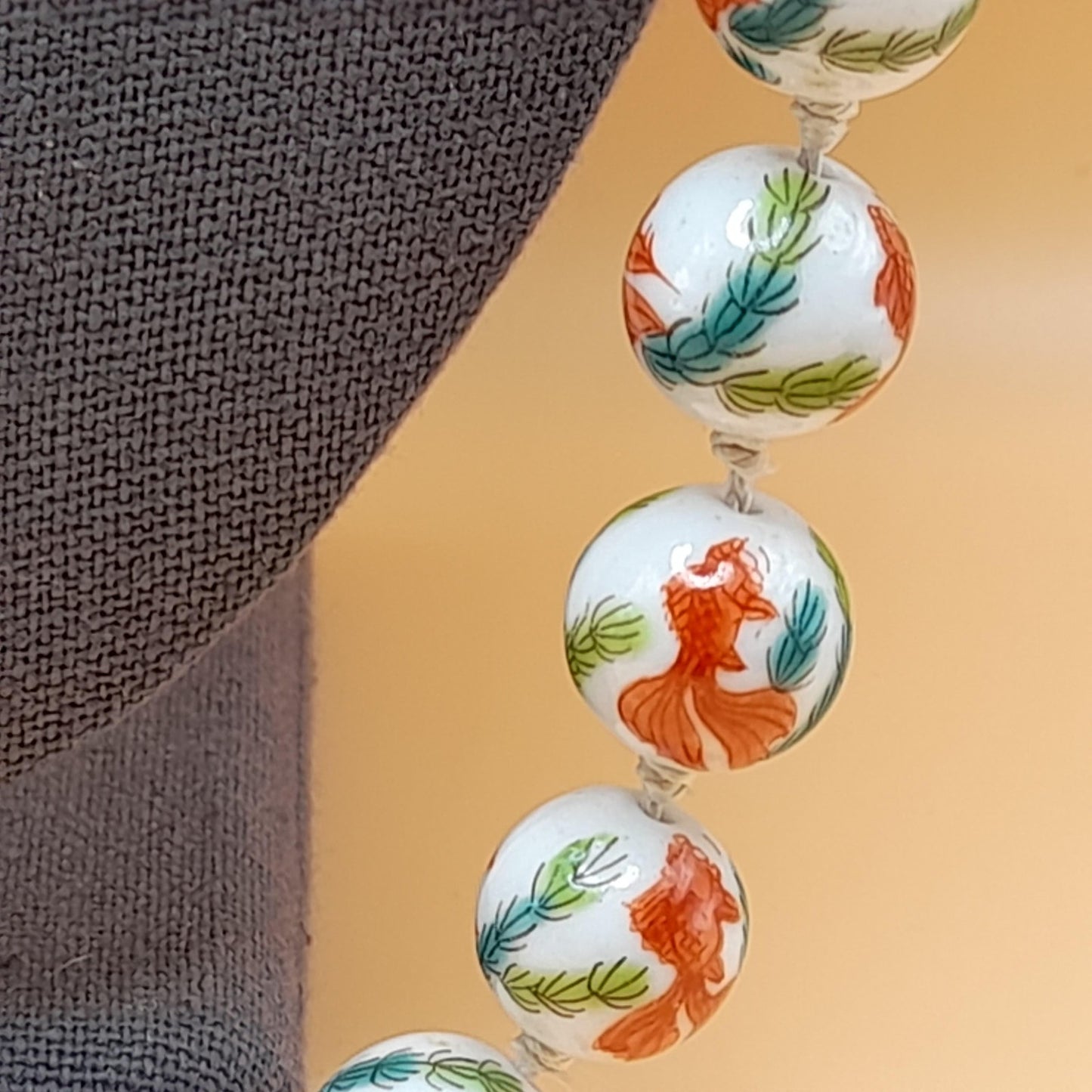 Hand Painted Koi Fish Bead Necklace, Ceramic Hand Knotted Vintage