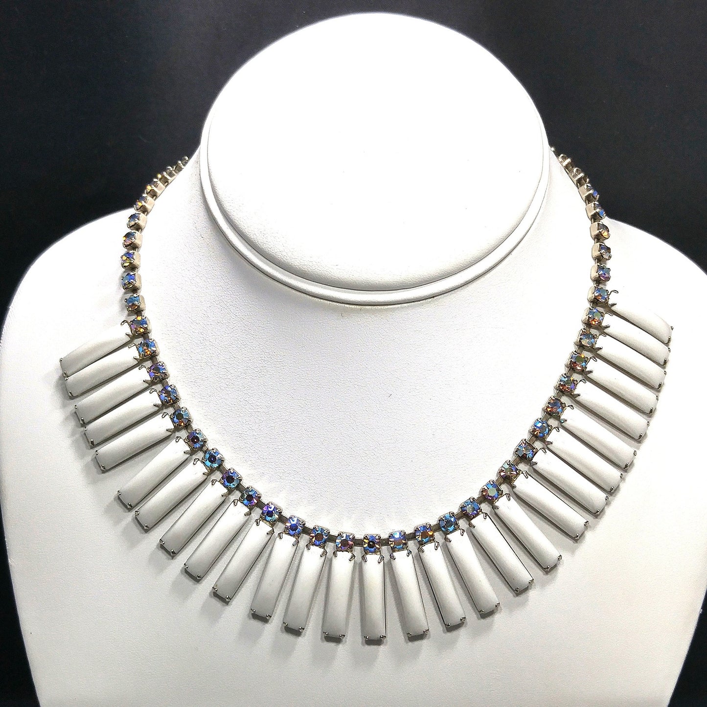 White Lucite Blue Aurora Borealis Rhinestones Necklace, Egyptian Revival Mid-Century, 1960s Vintage Jewelry