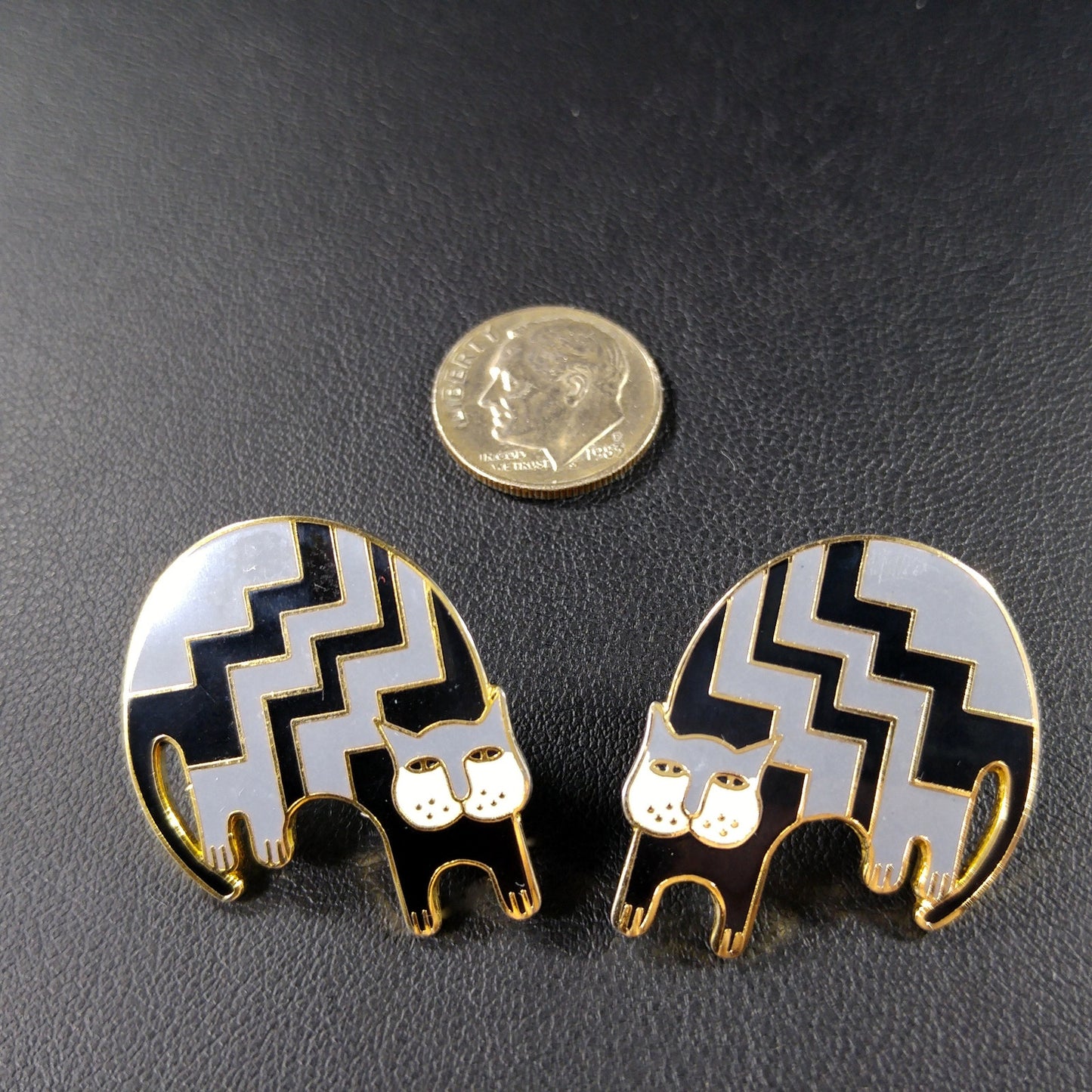 Vintage Laurel Burch "Aztec Cat" Post Earrings, Gold Plated, Black Gray Enamel
