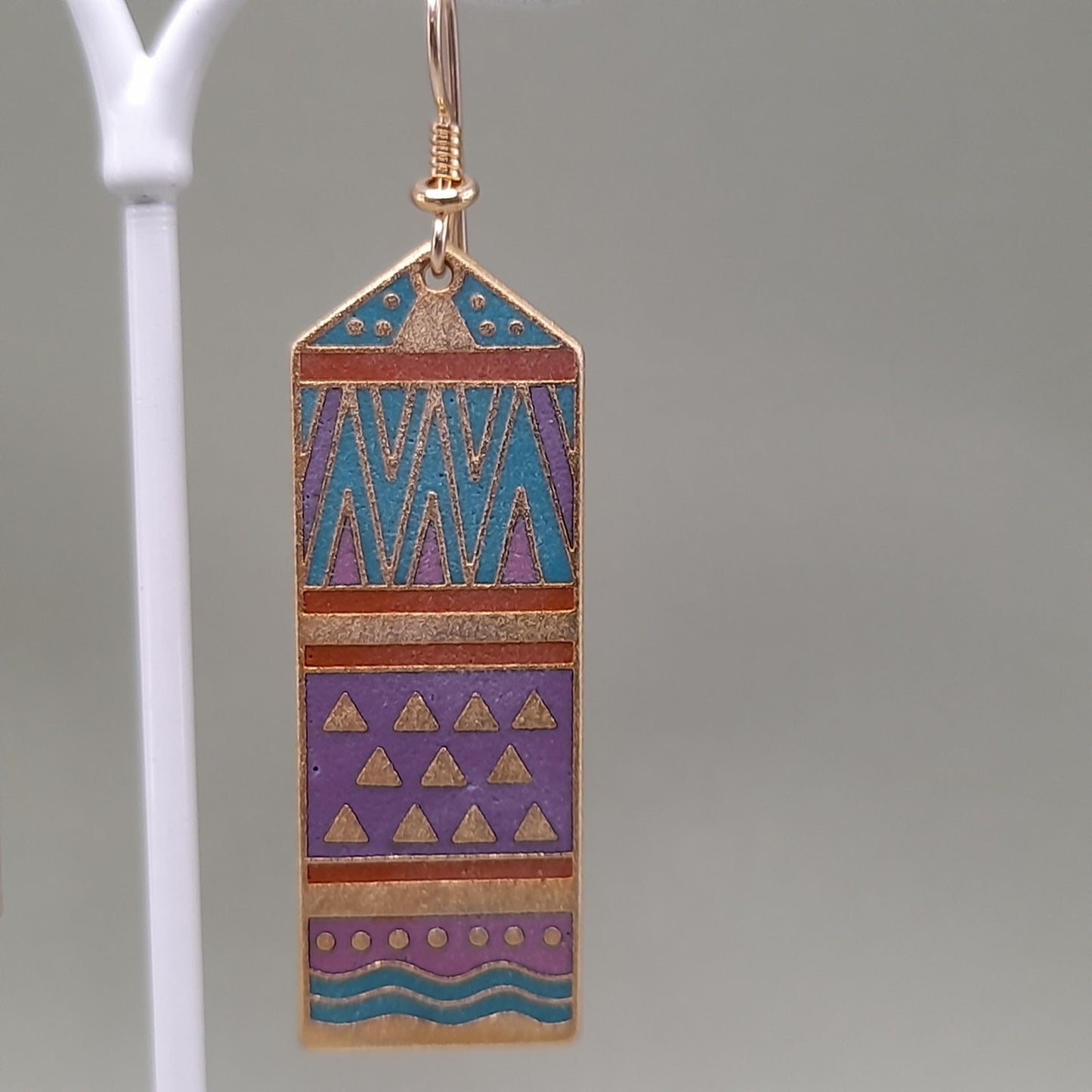 Vintage Laurel Burch "Umbla" Geometric Earrings, 2 3/8 Inch, Gold Plated, 1980s