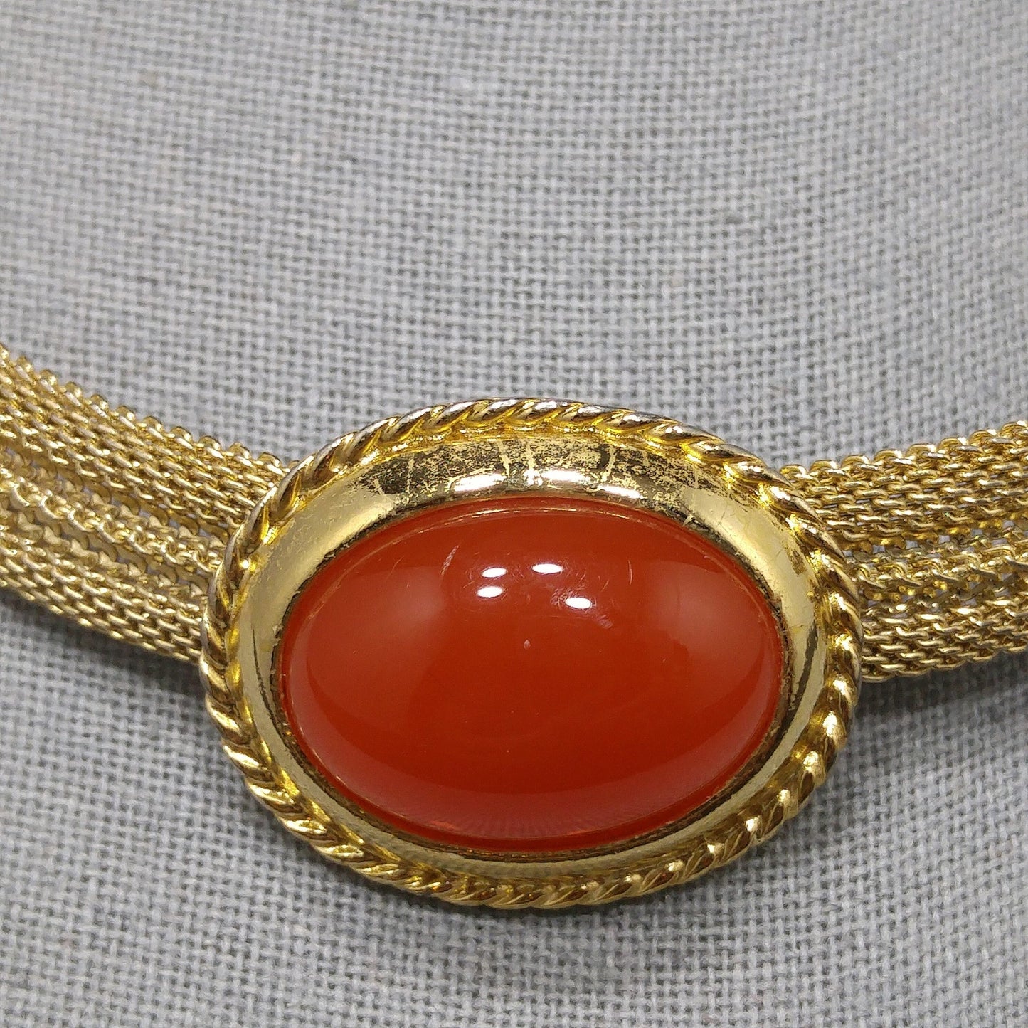 Trifari Orange Lucite Cabochon Necklace, Gold Plated Mesh, 1970s Vintage Jewelry