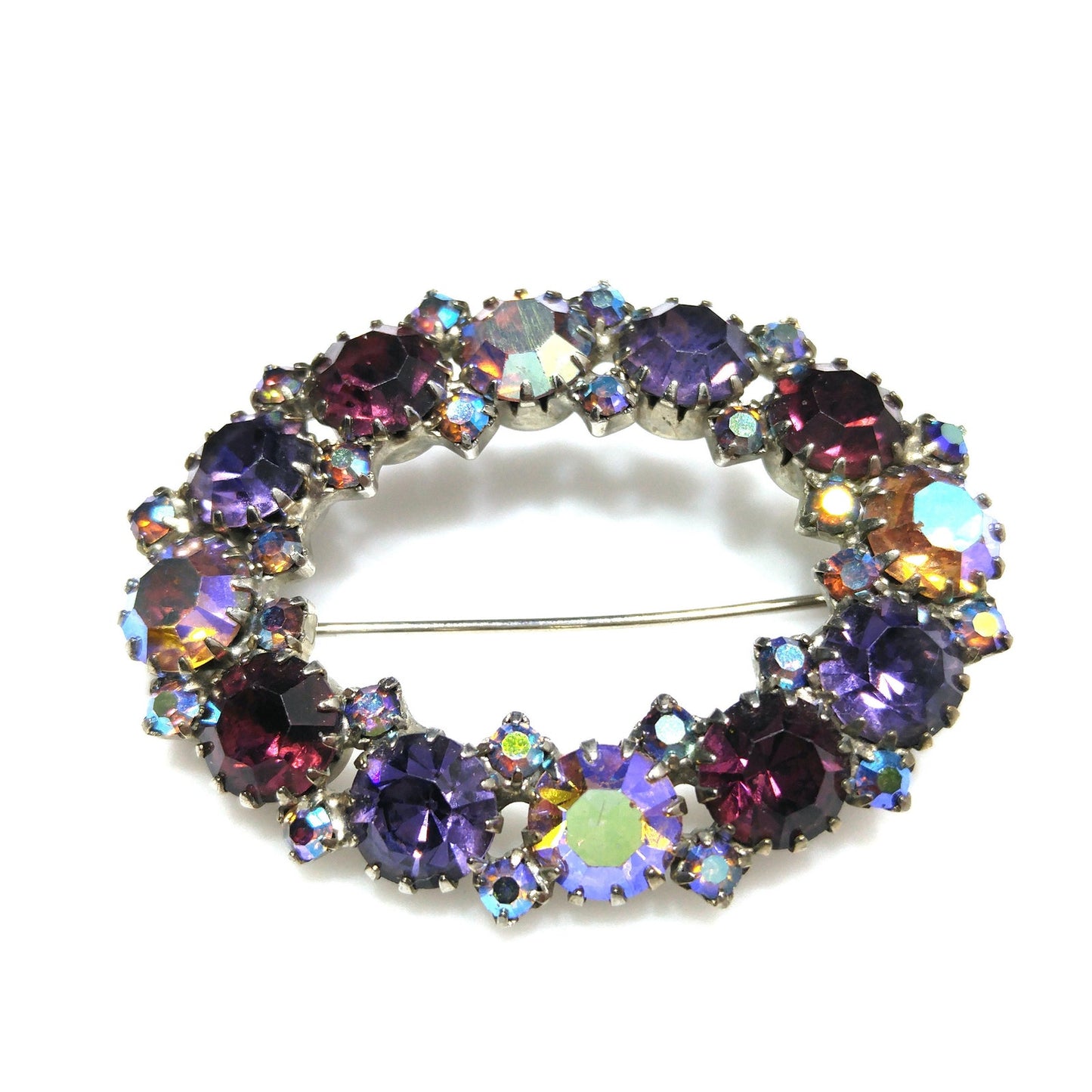 Oval Purple Aurora Borealis Lavender Rhinestone Brooch, Dog-toothed Prong Set, 1960s Vintage Jewelry