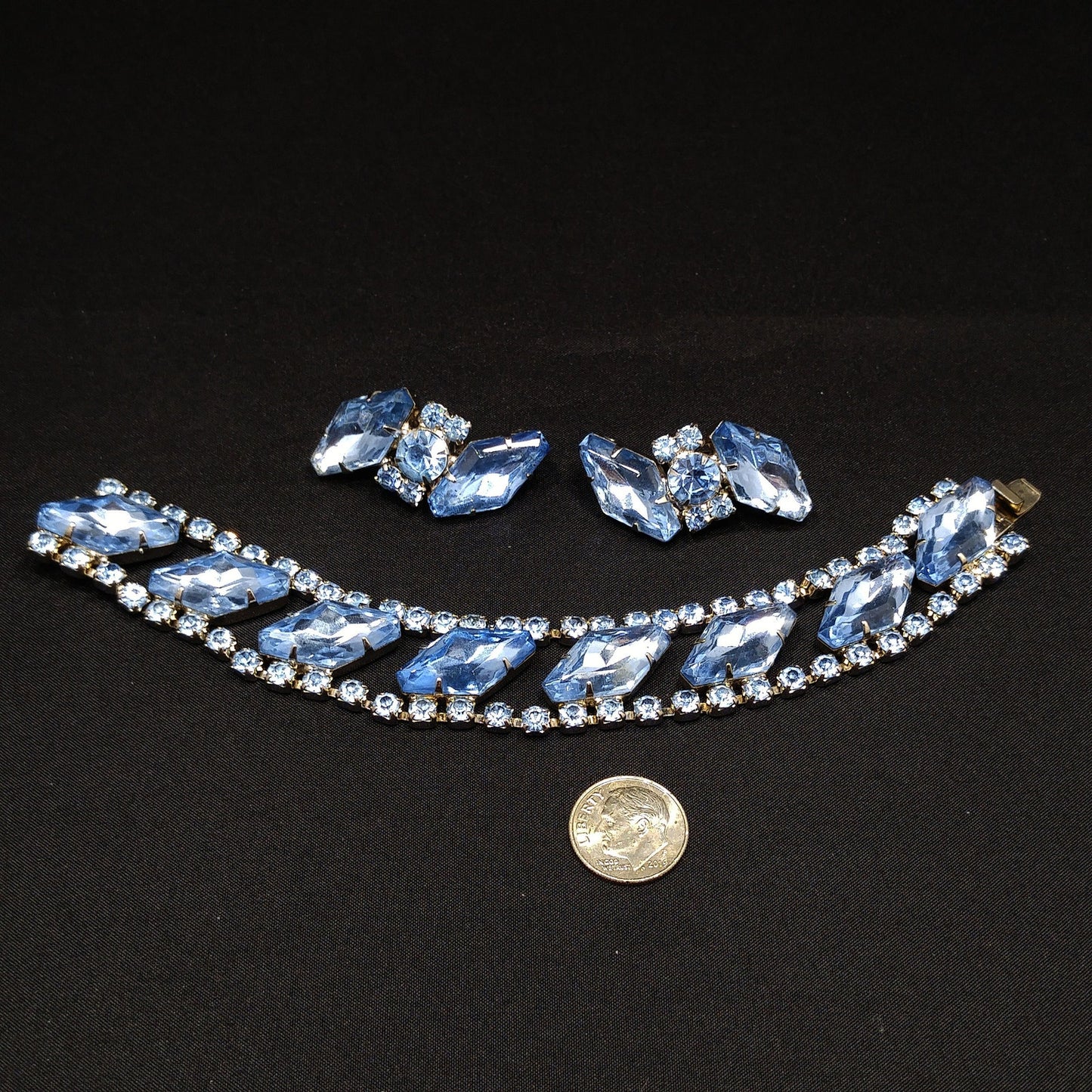 Light Blue Rhinestone Bracelet & Clip Earrings, Rhodium Plated, Ear Climbers, 1960s Vintage Jewelry