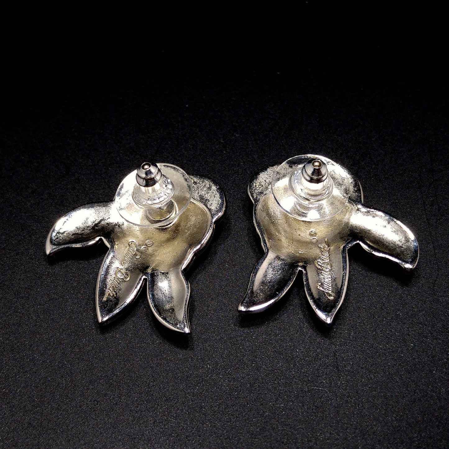 Vintage Laurel Burch Deco Rose Earrings, Rhodium Plated, Black Enamel, 1980s