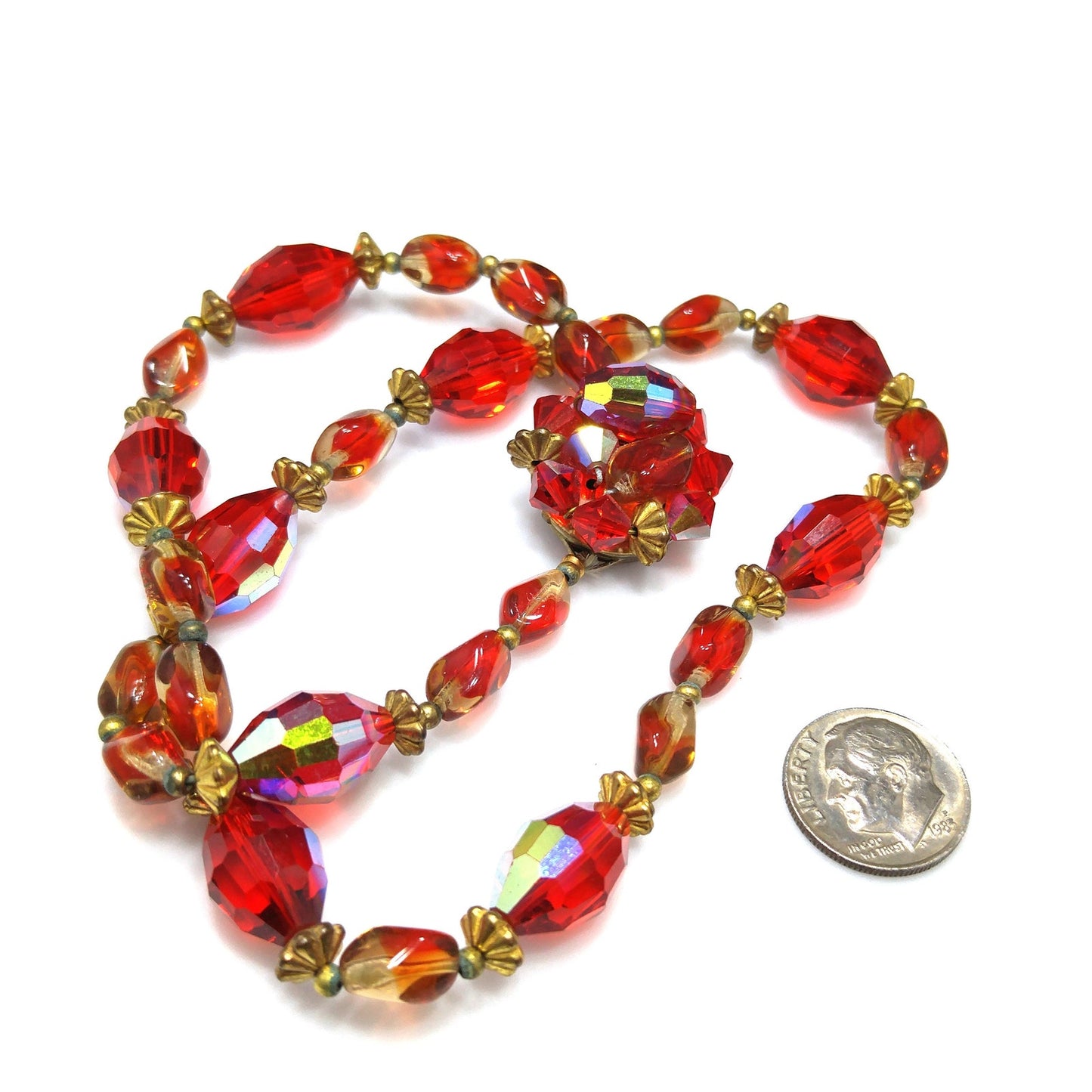 Red Aurora Borealis Beaded Necklace, Beaded Clasp, 1960s Vintage Jewelry