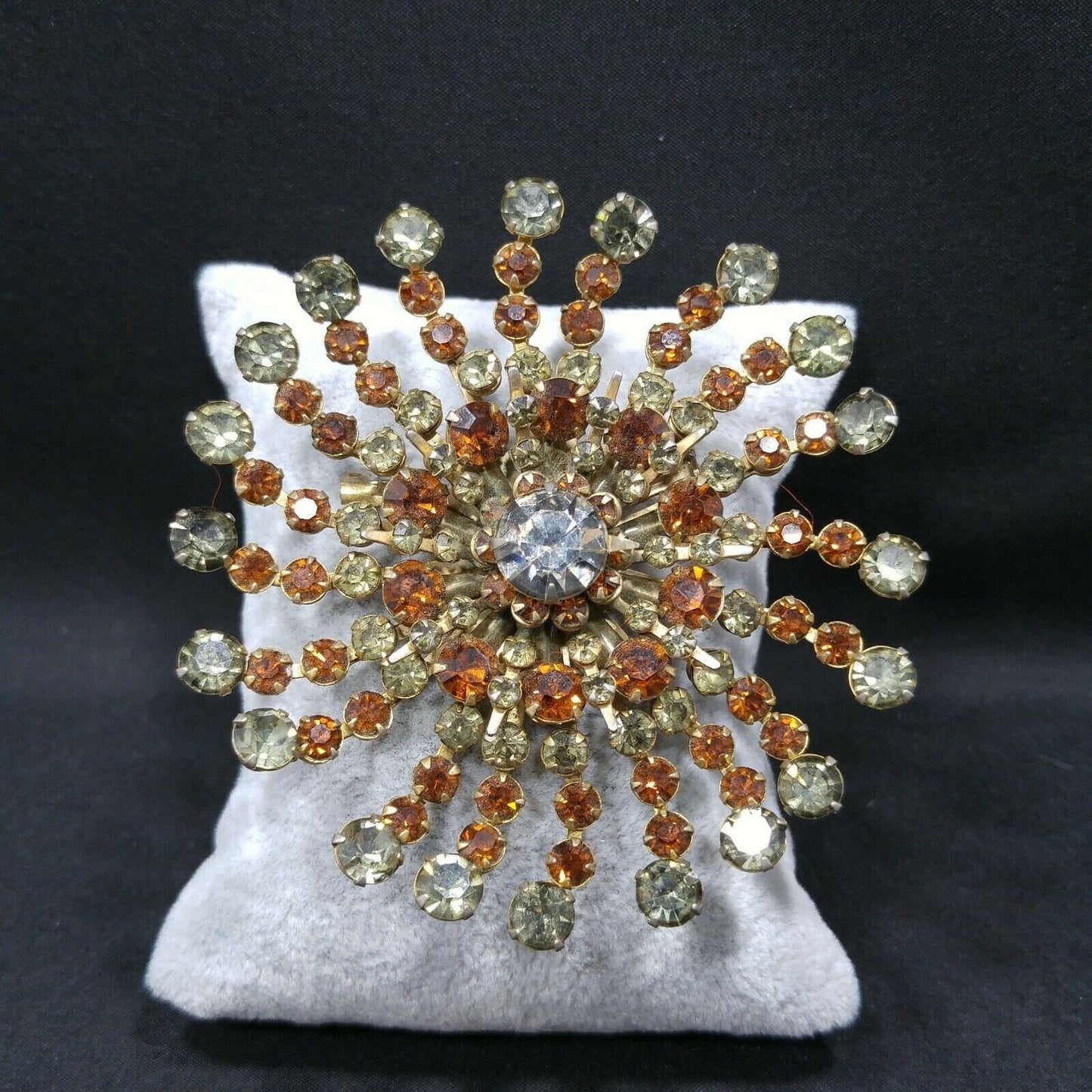 Vintage 1950s Rhinestone Flower Brooch Large Gray Topaz Floral Burst Pin