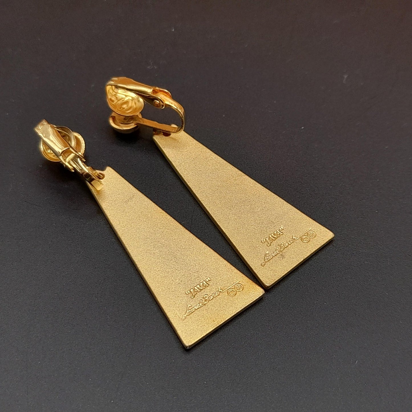Laurel Burch "Java" Geometric Clip Earrings, Gold Plated Cloisonne Enamel, 1980s Vintage Jewelry