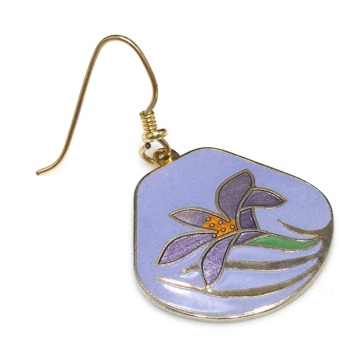 Vintage Laurel Burch Purple Lily Earrings, Cloisonne Enamel, Gold Plated