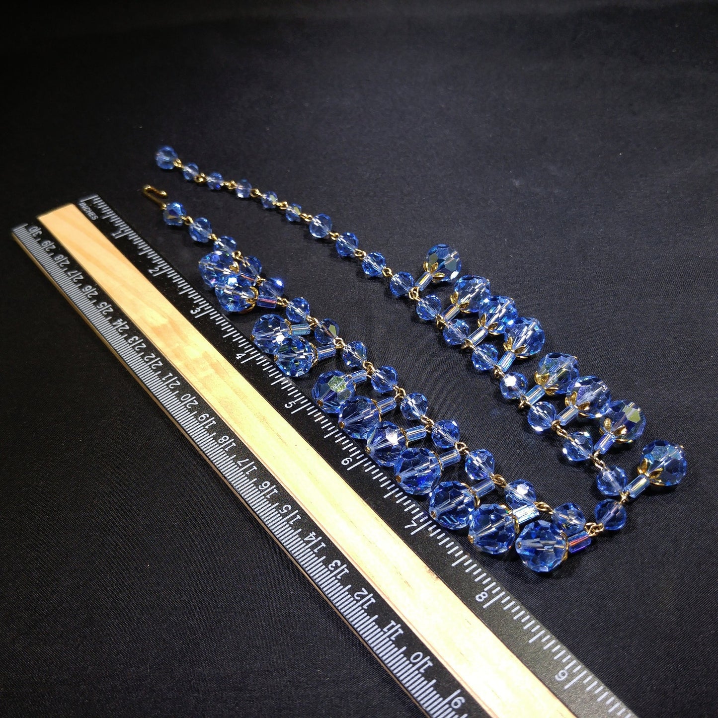 Blue Crystal Dangling Necklace, Light Blue Faceted Beads, 1960s Vintage Jewelry