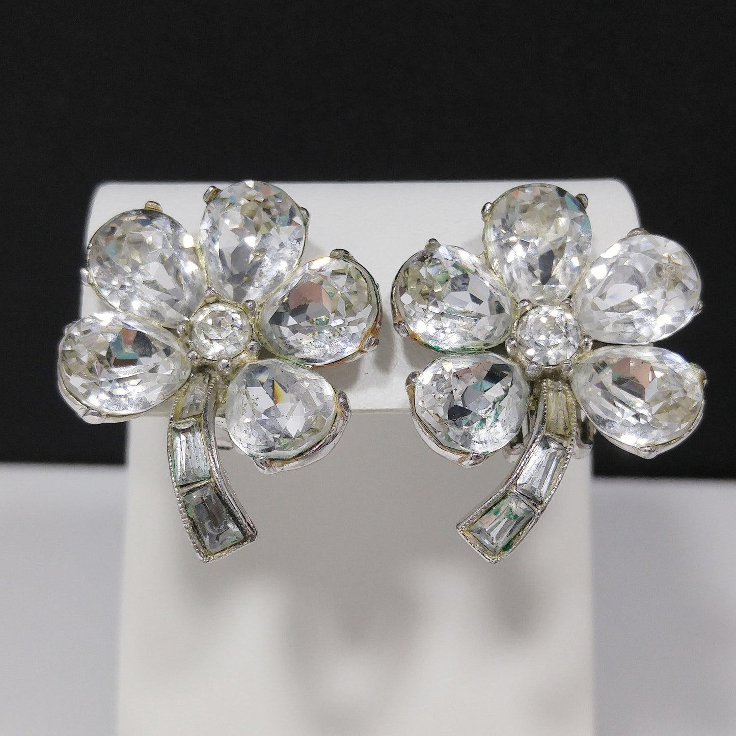 Bogoff Clear Rhinestone Floral Earrings, Rhodium Plated, Wedding Earrings, 1950s Vintage Jewelry