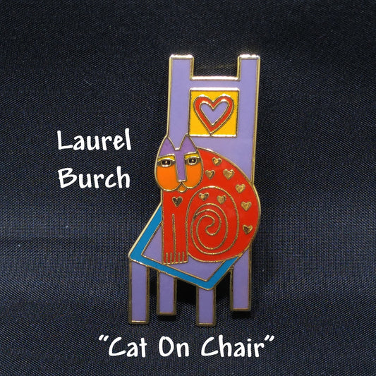 Laurel Burch "Cat On Chair" Brooch, Gold Plated, 1980s Vintage Jewelry