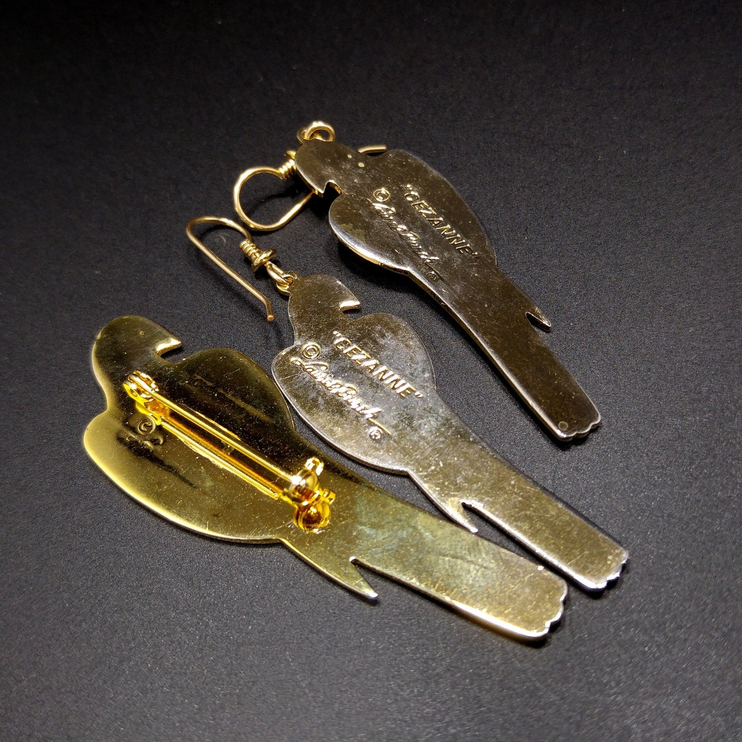 Laurel Burch Cezanne Parrot Earrings & Brooch Set, 22 KG Plated Cloisonné Enamel, 1980s Vintage Jewelry