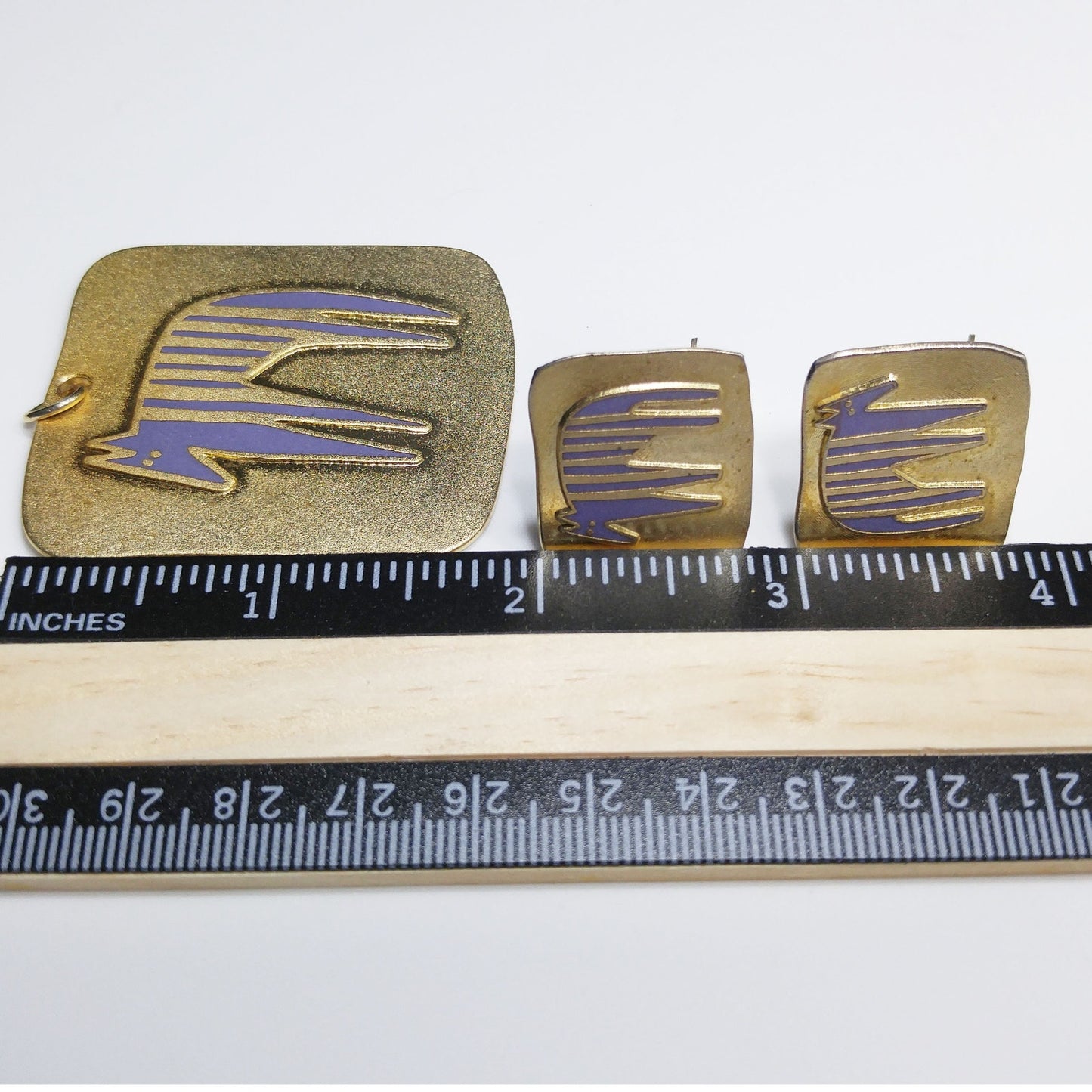 Laurel Burch "Striped Beast" Pendant & Earrings, Brass Purple Enamel, 1980s