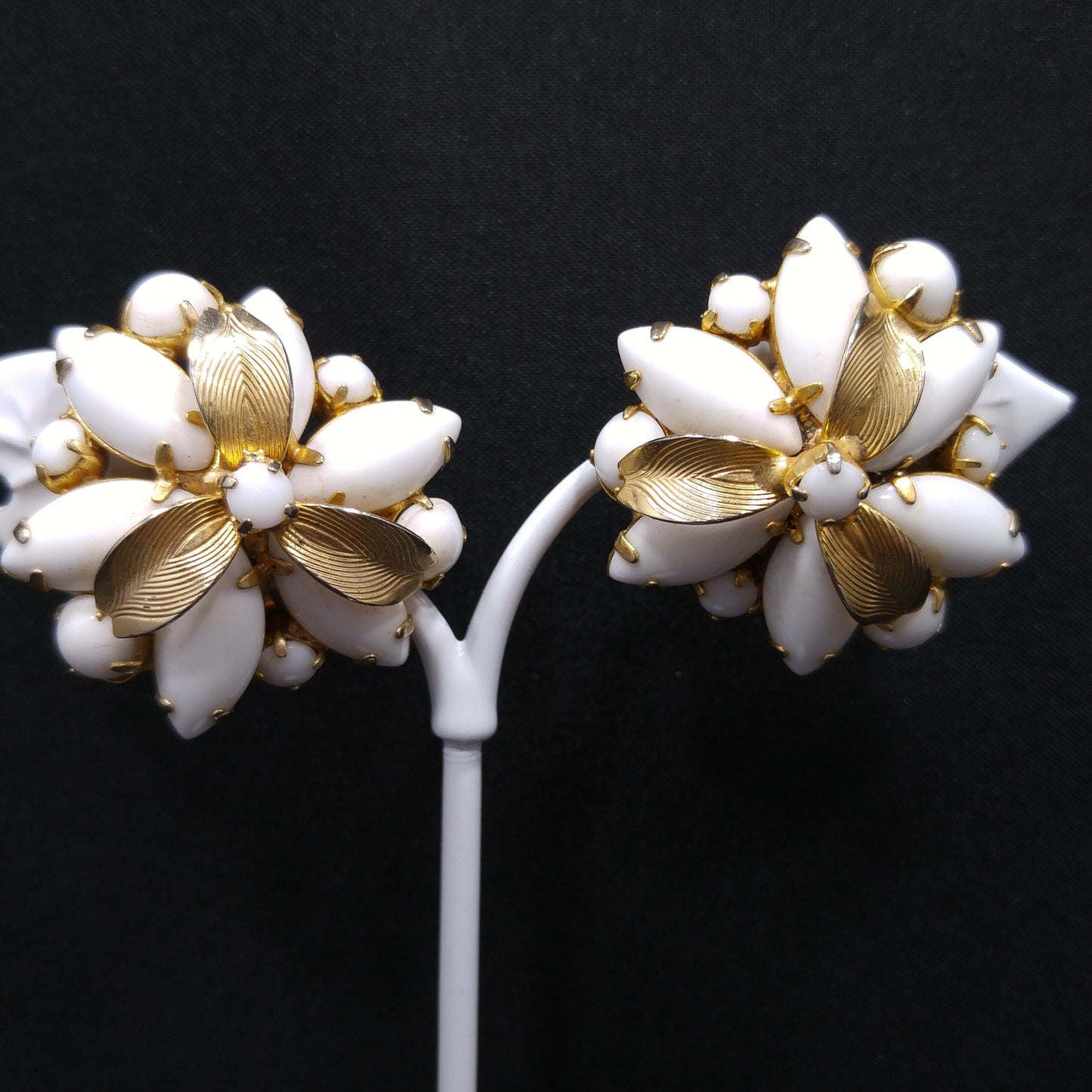 Weiss Milk Glass Gold Plated Flower Earrings, 1960s Designer Vintage Jewelry