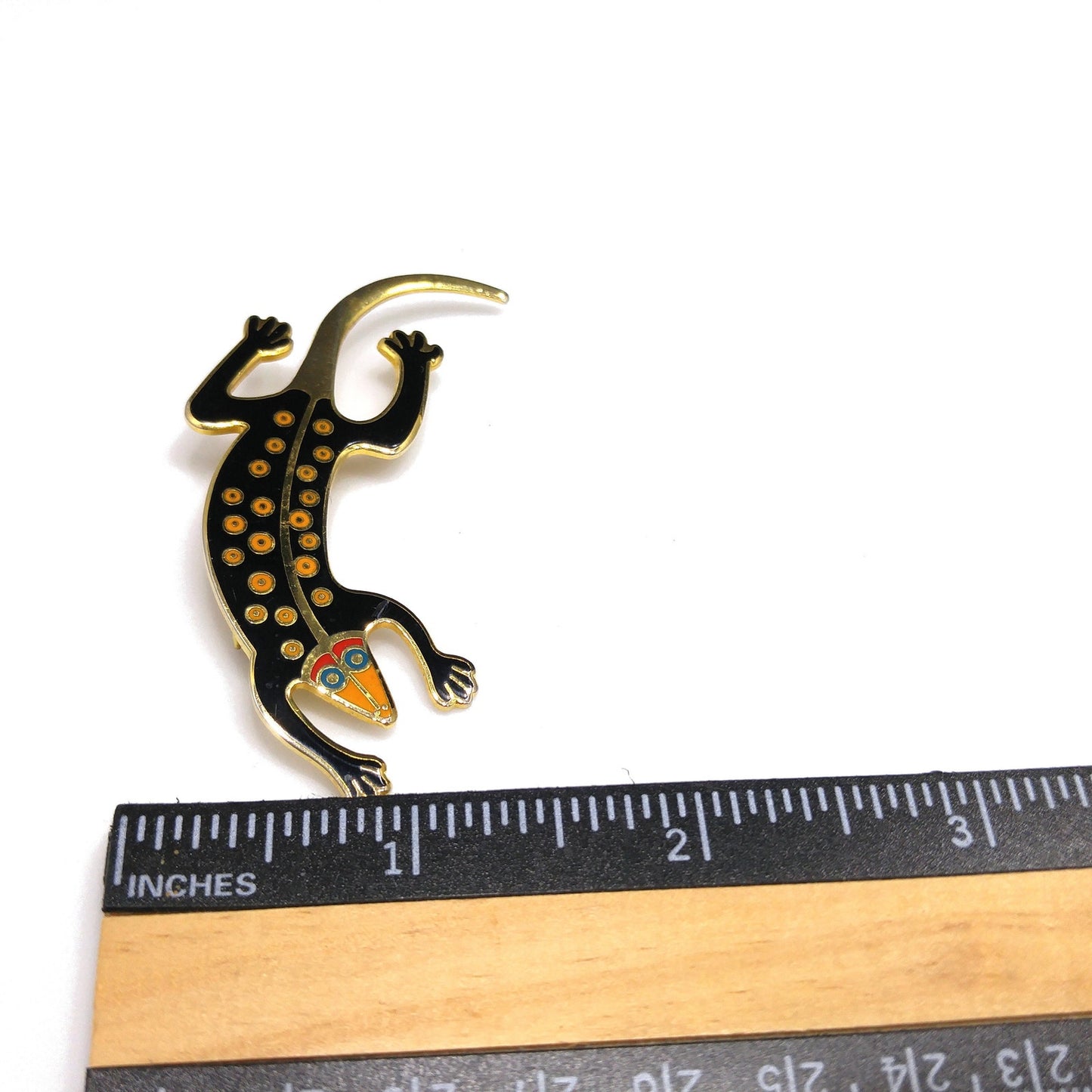 Laurel Burch Black "Lizard" Brooch, Gold Plated Cloisonne, 1980s Vintage Jewelry
