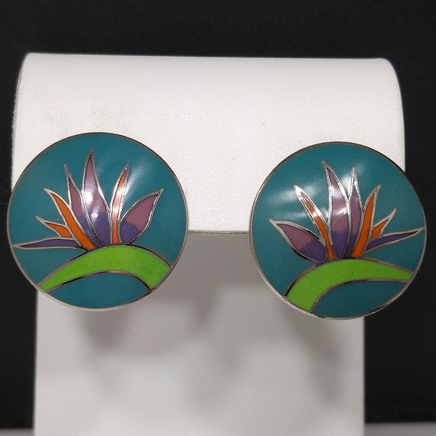 Vintage Laurel Burch Bird of Paradise Post Earrings, Silver Tone Cloisonné