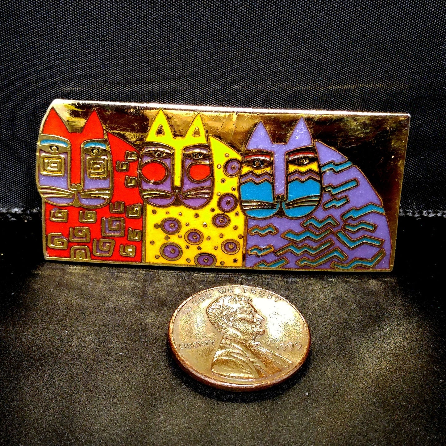 Laurel Burch "Wild Cats" Cloisonné Brooch, Three Cats Pin, 1980s Vintage Jewelry