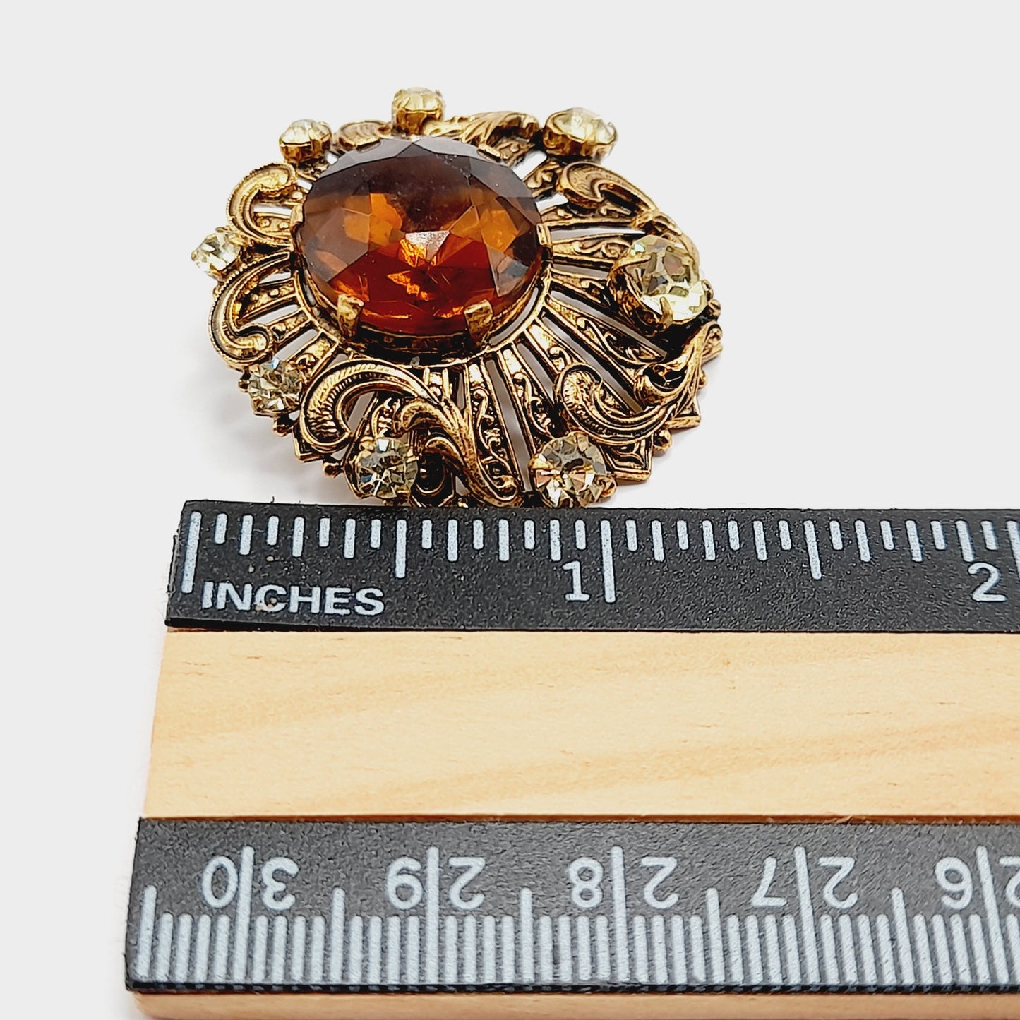 Vintage 1940s Topaz Rhinestone Filigree Brooch West Germany Style - 1 3/8 Inches