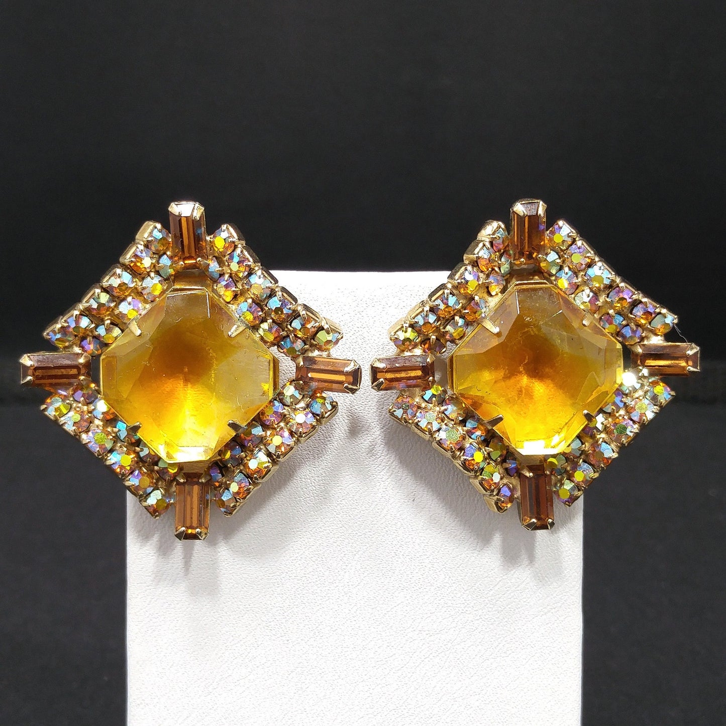 Mid-Century Modern Large Topaz Glass Brooch & Earrings, Gold Plated, 1960s Vintage Jewelry