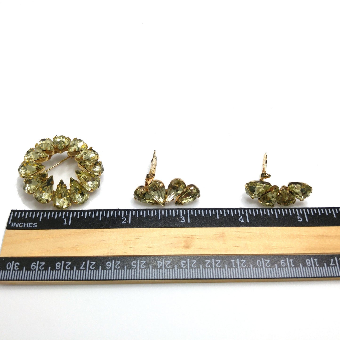 Jonquil Teardrop Rhinestone Brooch & Earrings, Gold Plated, 1950s Vintage Jewelry