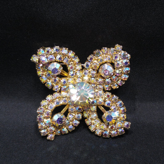 Aurora Borealis Flower Brooch, Gold Plated, 1960s Vintage Jewelry