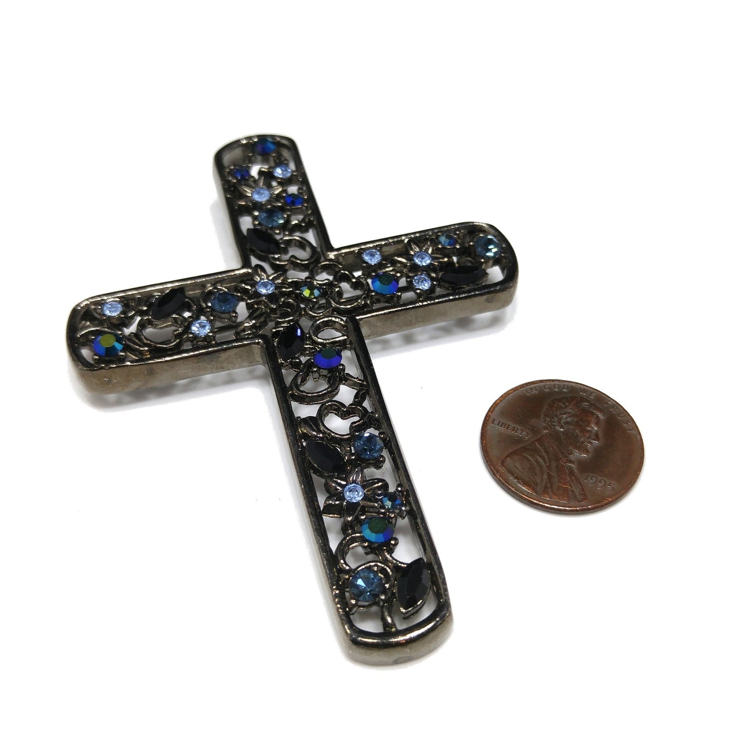 Givenchy Large Cross Brooch, Aurora Borealis Blue Rhinestones, 1990s Vintage Jewelry