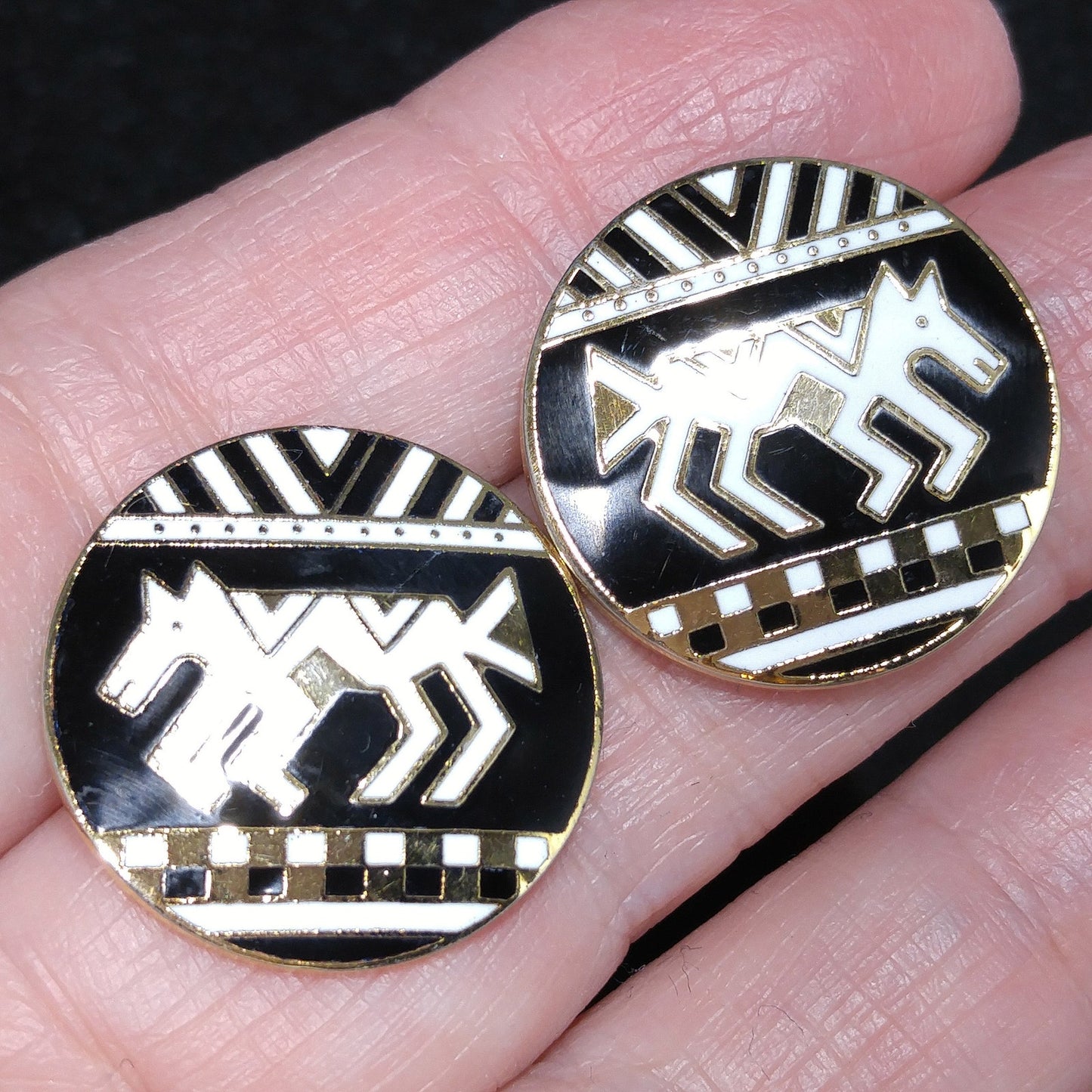 Laurel Burch "Coptic Horse" Earrings, Gold Plated, Black & White Enamel, 1980s
