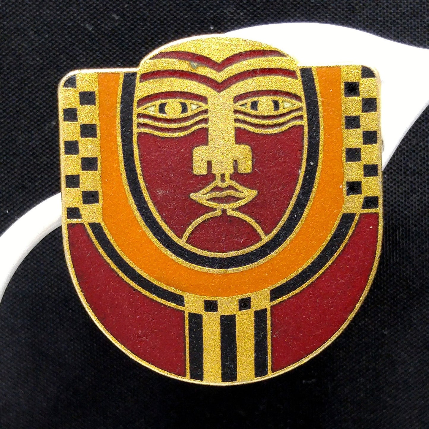 Laurel Burch "Maori" Tribal Mask Clip Earrings, Deep Red Enamel, 1980s Vintage Jewelry