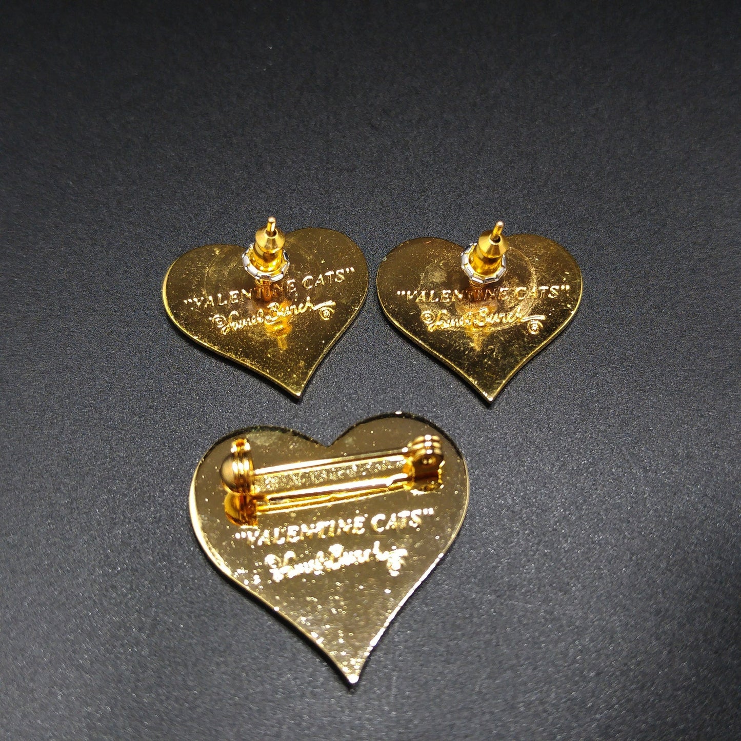 Laurel Burch "Valentine Cats" Brooch & Earrings, Gold Plated, Cloisonné Enamel, 1980s Vintage Jewelry
