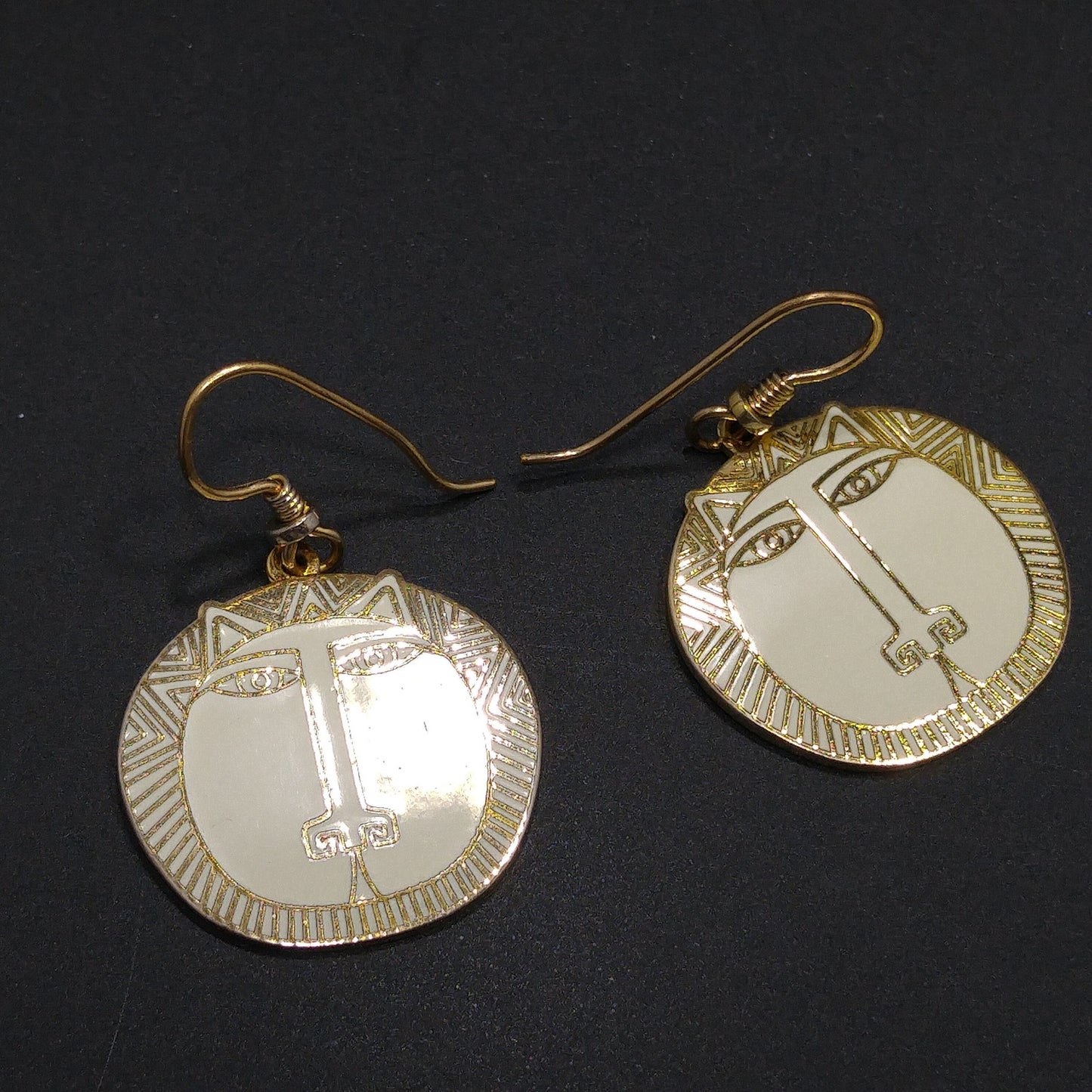 Laurel Burch "Moon Tiger" White Drop Earrings, Gold Plated Cloisonné, White Enamel, 1980s Vintage Jewelry