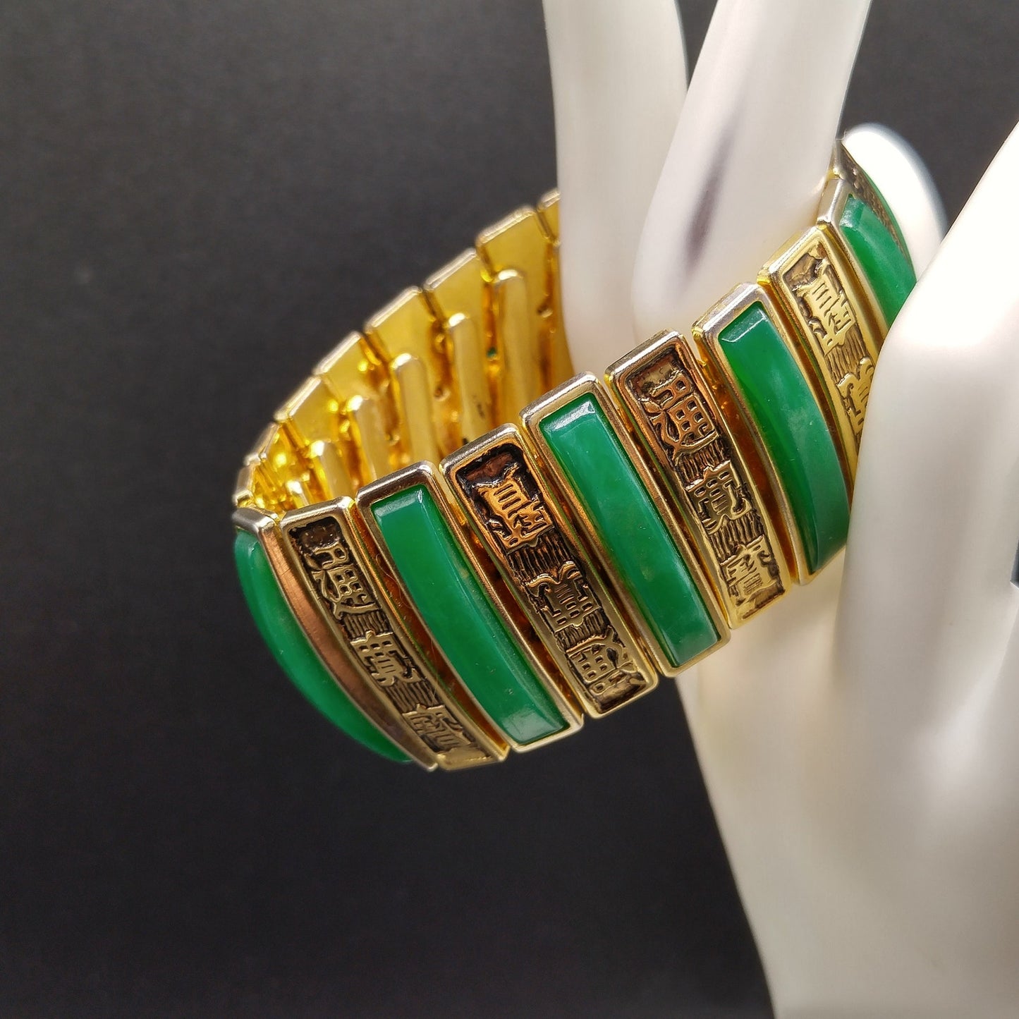 Asian Expansion Wide Bracelet, Green Lucite, Asian Writing, 1960s Vintage Jewelry