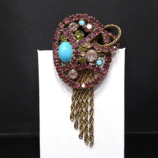 Vintage Purple Rhinestone Turquoise Cabochon Brooch, Antique Gold Tone Fringe Pin