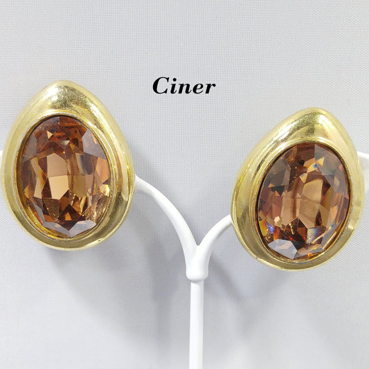 Ciner Large Topaz Rhinestone Earrings, Gold Plated, 1980s Vintage Jewelry