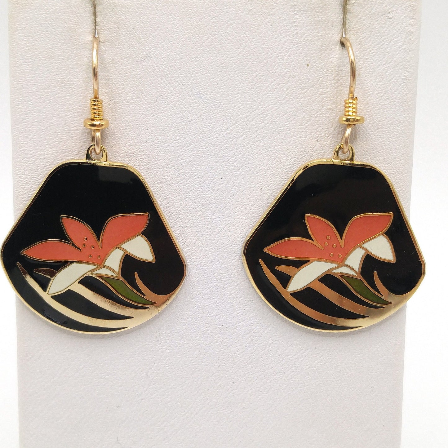 Vintage Laurel Burch Orange Lily Earrings, Cloisonne Enamel, Gold Plated, 1980s