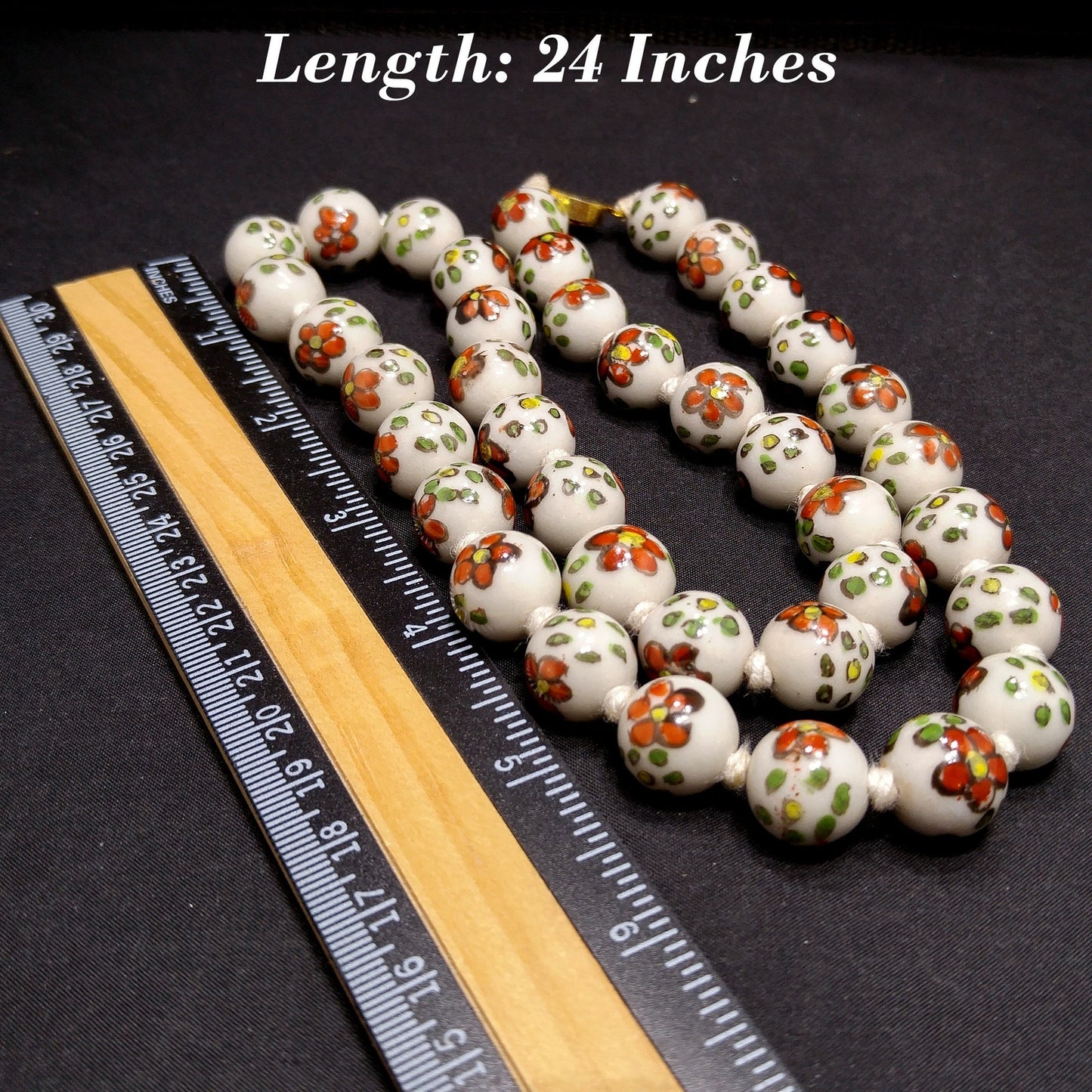 Vintage Ceramic Hand Painted Bead Necklace, Chinese Import, Hand-Knotted, 1960s