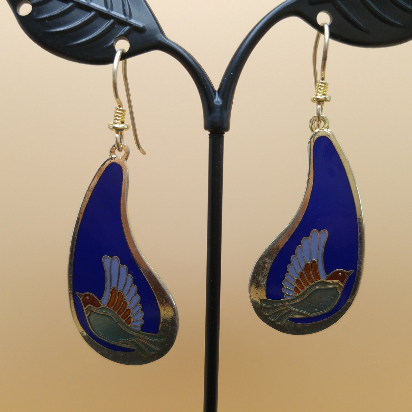 Vintage Laurel Burch Swallow Bird Blue Enamel Earrings, Gold Plated