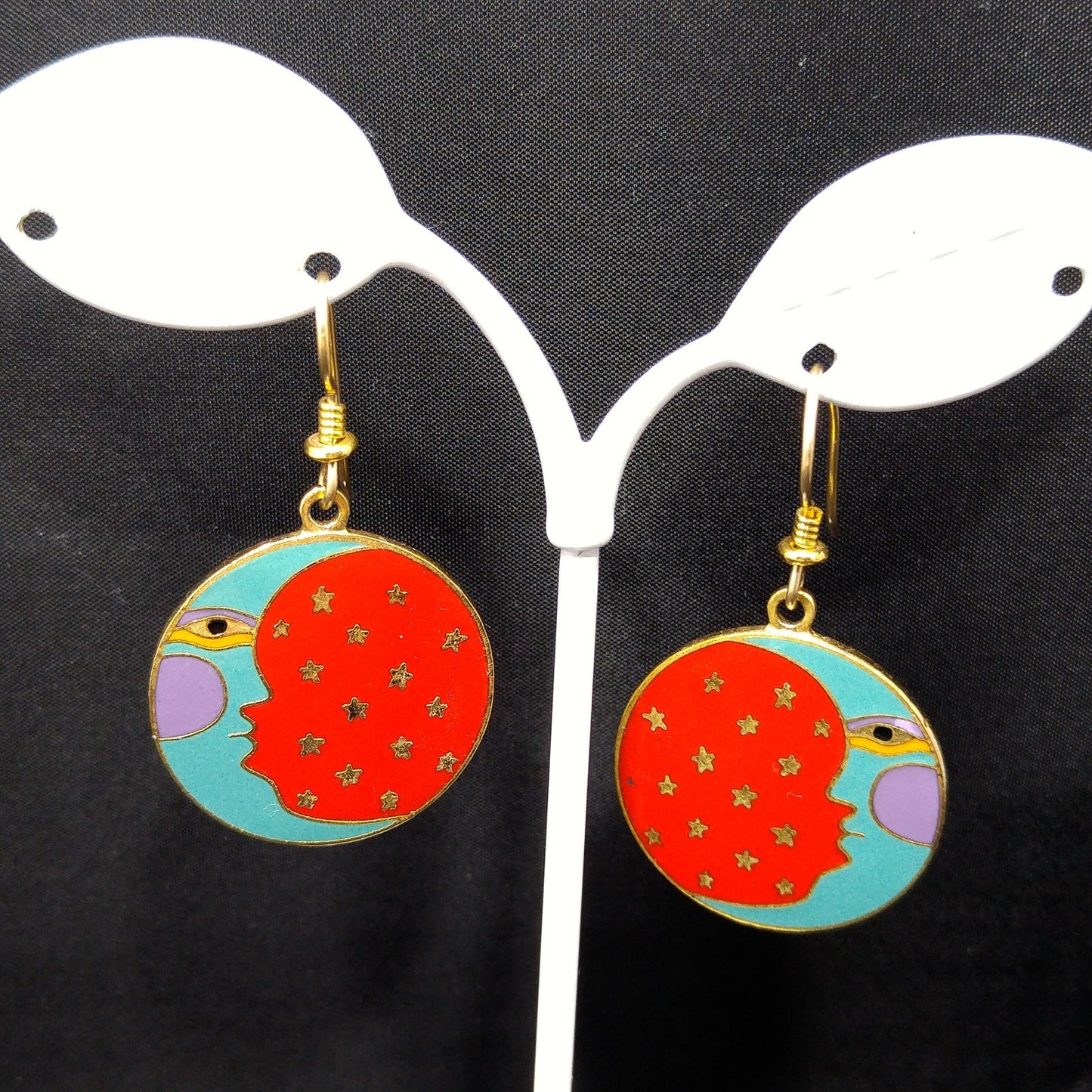 Vintage Laurel Burch "Moonface" Earrings, Moon Sky Stars Celestial, 1980s Vintage Jewelry