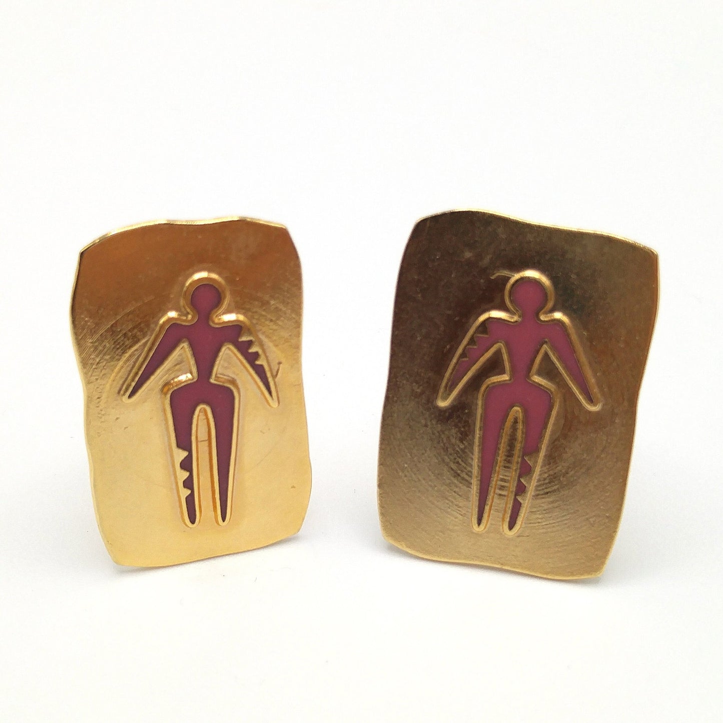 Vintage Laurel Burch "Old Soul" Clip Earrings, Red Enamel, Gold Plated