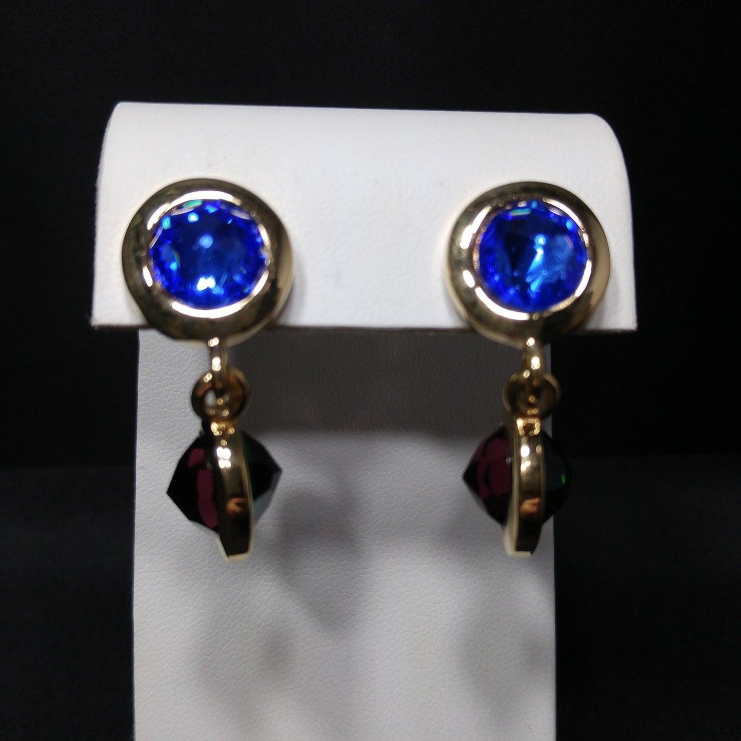 Swarovski Gold Plated Drop Earrings, Blue Green Purple Crystals, Vintage 1990s Swan Logo