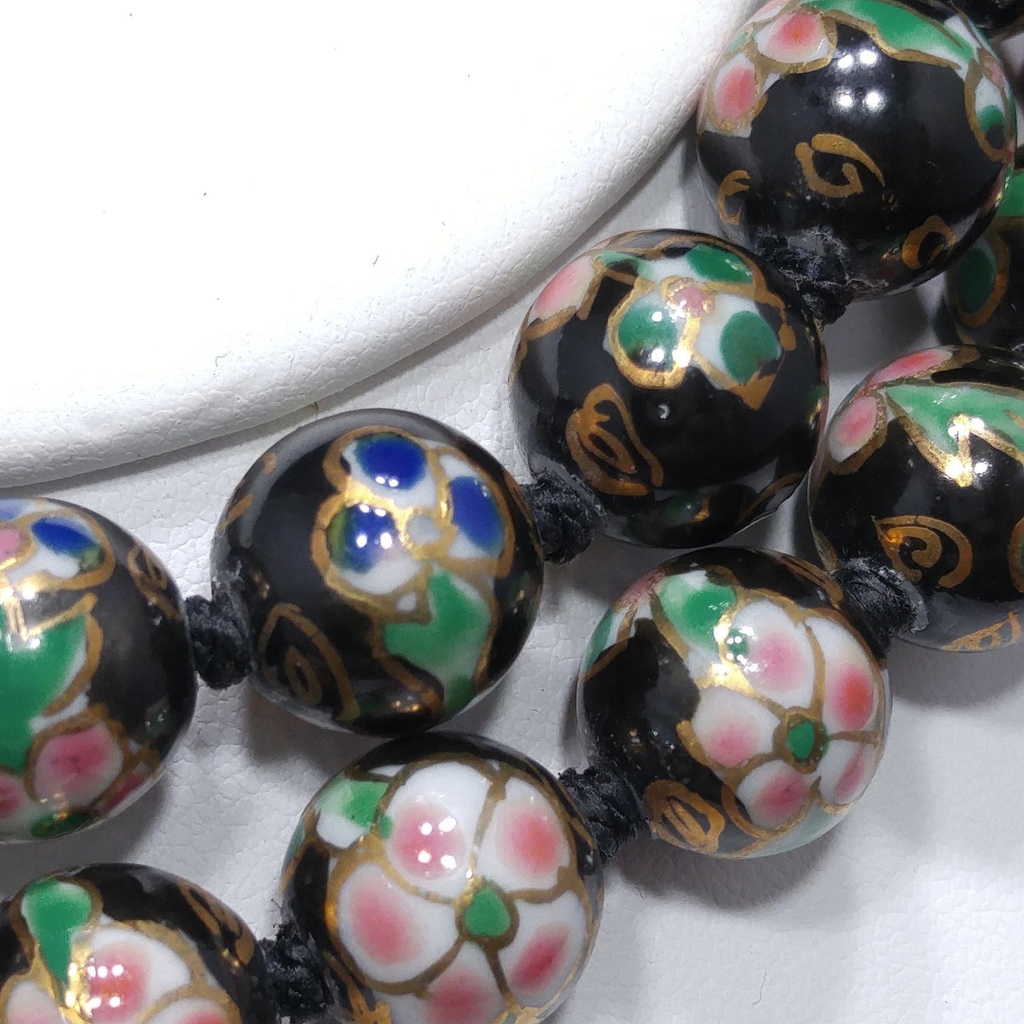 Vintage Black Cloisonné Floral Beaded Necklace, Pink Green Flowers, 1960s Vintage Jewelry