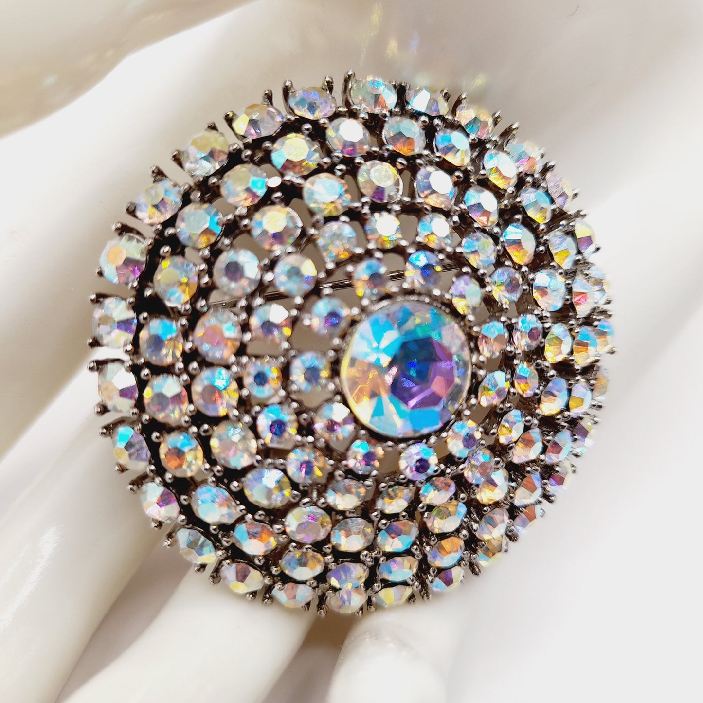 Weiss Aurora Borealis Rhinestone Brooch, Rhodium Plated, 1950s