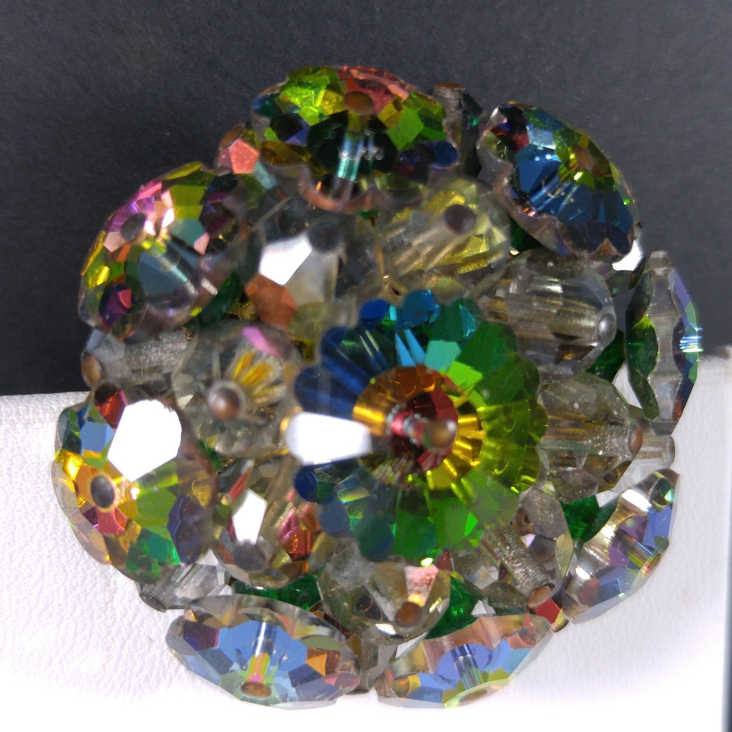 Margarita Rhinestone Round Brooch, Green Pink Blue Floral Crystals, 1960s Vintage Jewelry