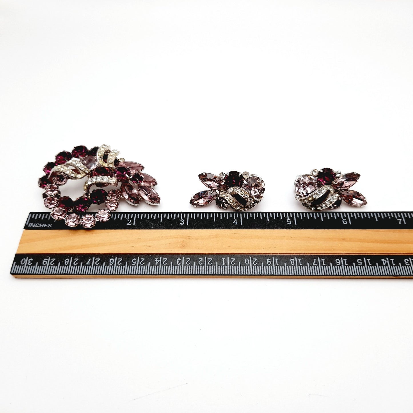 Vintage Eisenberg Purple Rhinestone Rhodium Plated Jewelry Set: Brooch Earrings