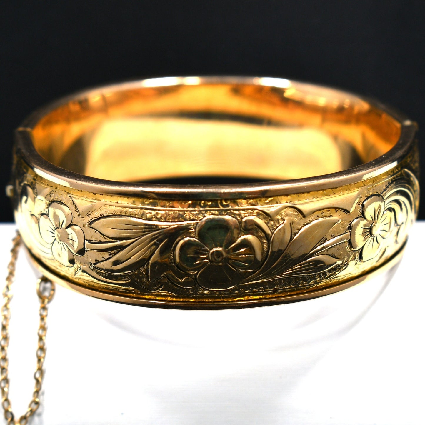 S O Bigney Gold Filled Floral Hinged Bracelet, Safety Chain, 1930s Vintage Jewelry