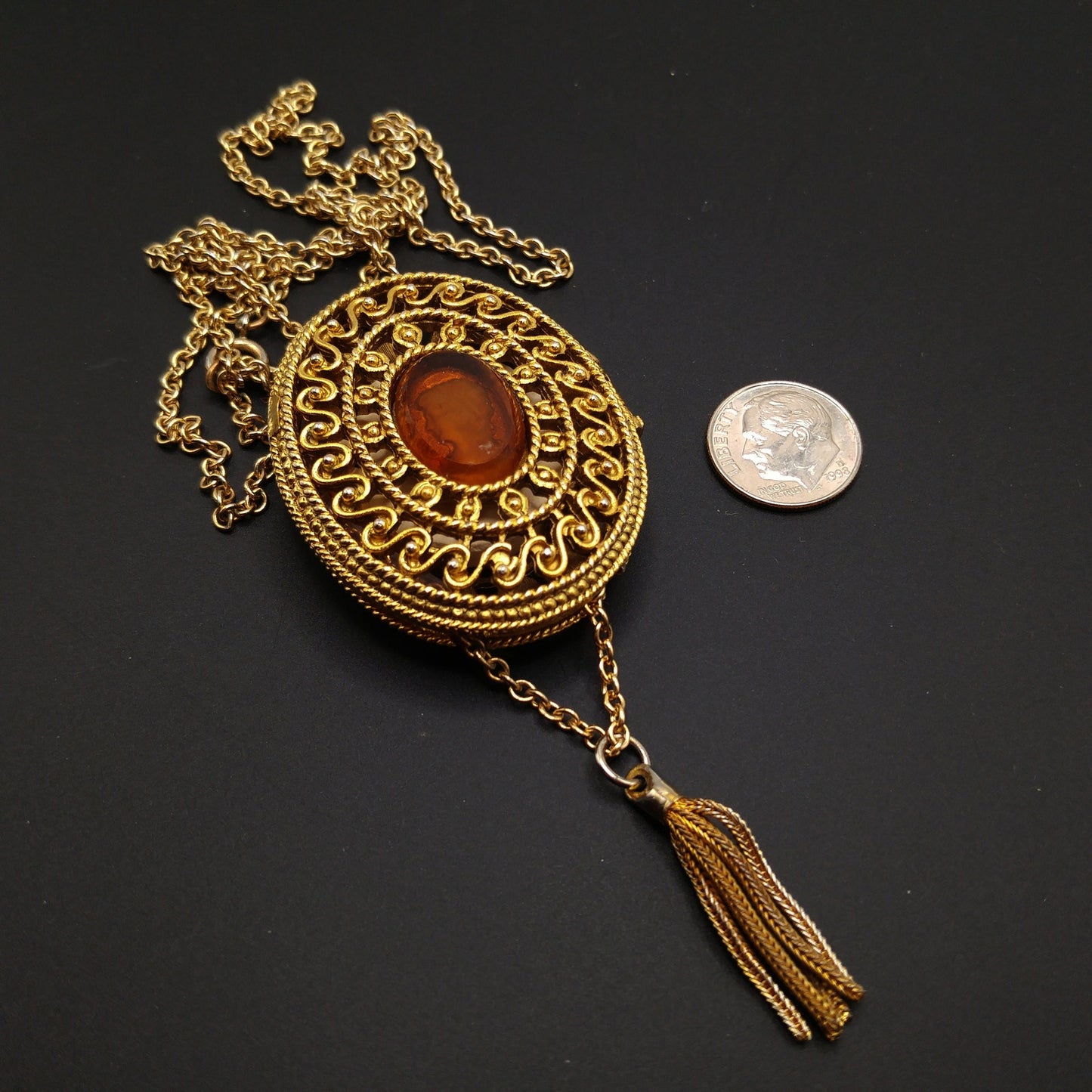 Glass Cameo Perfume Locket Necklace, 30" Chain, 1960s Vintage Jewelry